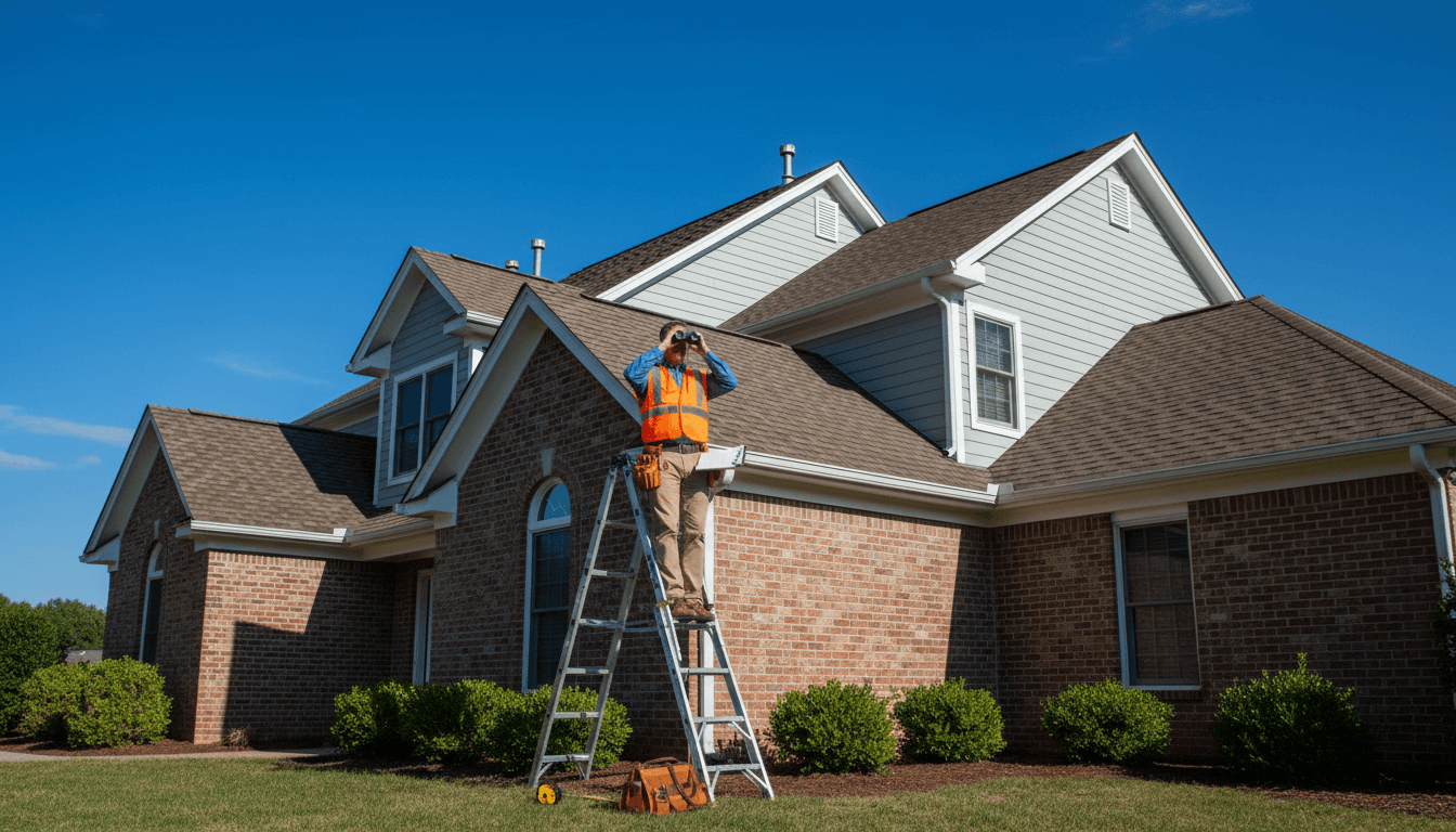 Home inspector on a ladder using binoculars to examine the roof of a brick house.