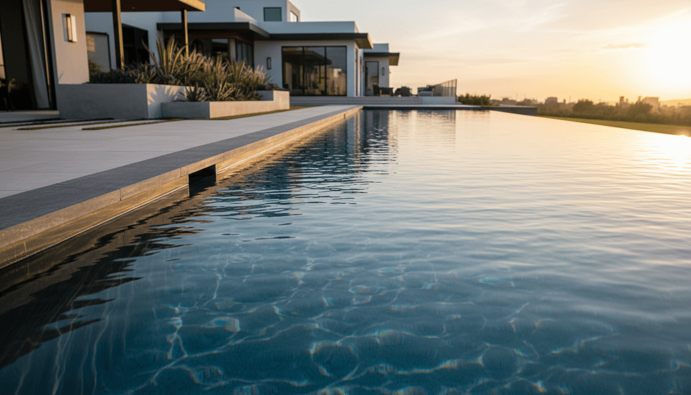 Resort-style pool area with pristine water and landscaping at luxury home in Sacramento County