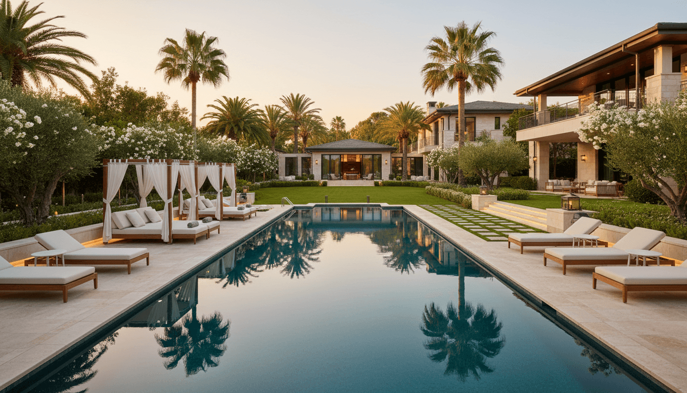 Resort-style luxury swimming pool with clear water and elegant backyard landscape