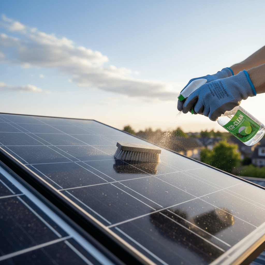 Gloved hands spray eco-friendly cleaner and use a brush to clean rooftop solar panels.