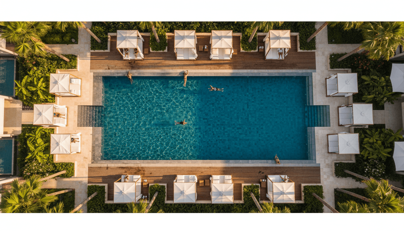 Beautiful luxury backyard pool with resort-style atmosphere at golden hour